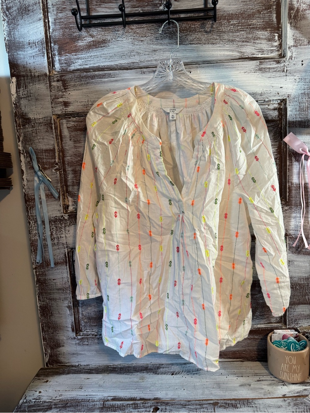 crown & ivy White Embroidered Peasant Blouse with Neon Accents